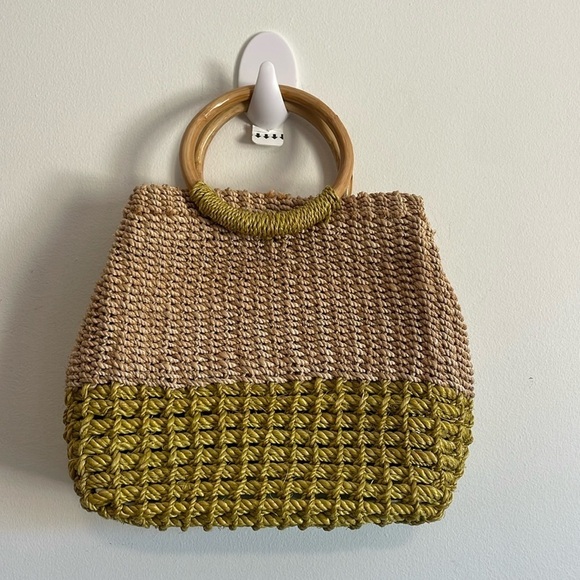 Macrame Woven Twine Handbag Tan Yellow Wood Handle Boho Natural Rope Rattan - Picture 3 of 14
